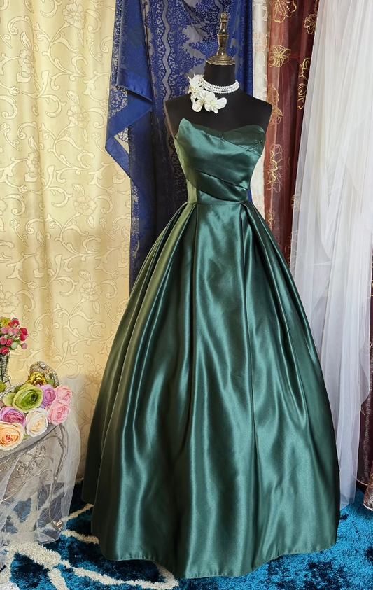 Fashion Green Prom Dress Strapless A-Line Satin Long Evening Dress ED07742
