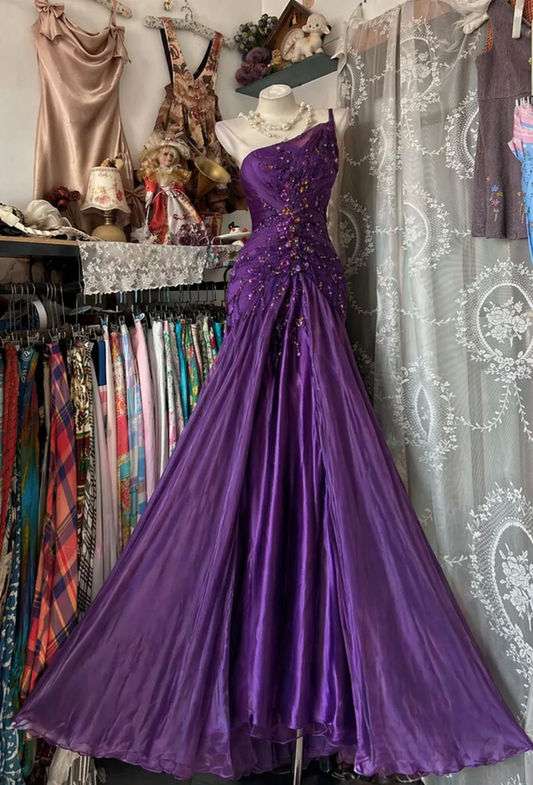 Fashion Purple Prom Dress One-shoulder Sheath Chiffon Long Evening Dress ED07743