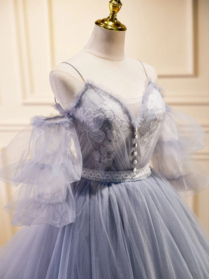 A-Linie V-Ausschnitt Tüll Spitze Grau Blau Langes Ballkleid, Formales Abschlusskleid ED0775