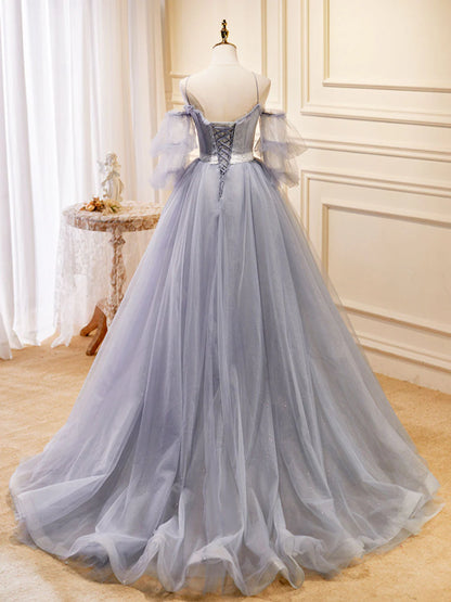 A-Linie V-Ausschnitt Tüll Spitze Grau Blau Langes Ballkleid, Formales Abschlusskleid ED0775
