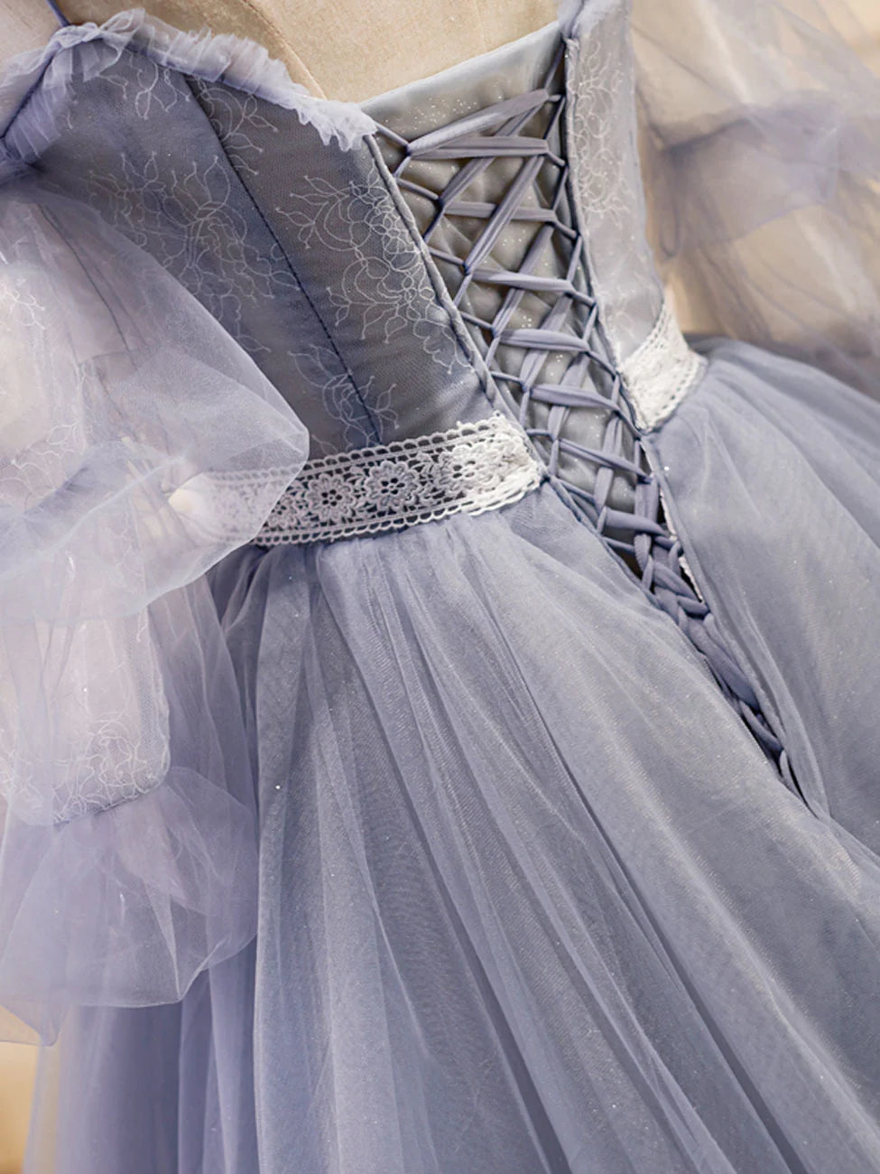 A-Linie V-Ausschnitt Tüll Spitze Grau Blau Langes Ballkleid, Formales Abschlusskleid ED0775