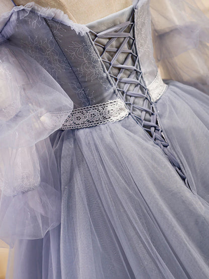 A-Linie V-Ausschnitt Tüll Spitze Grau Blau Langes Ballkleid, Formales Abschlusskleid ED0775