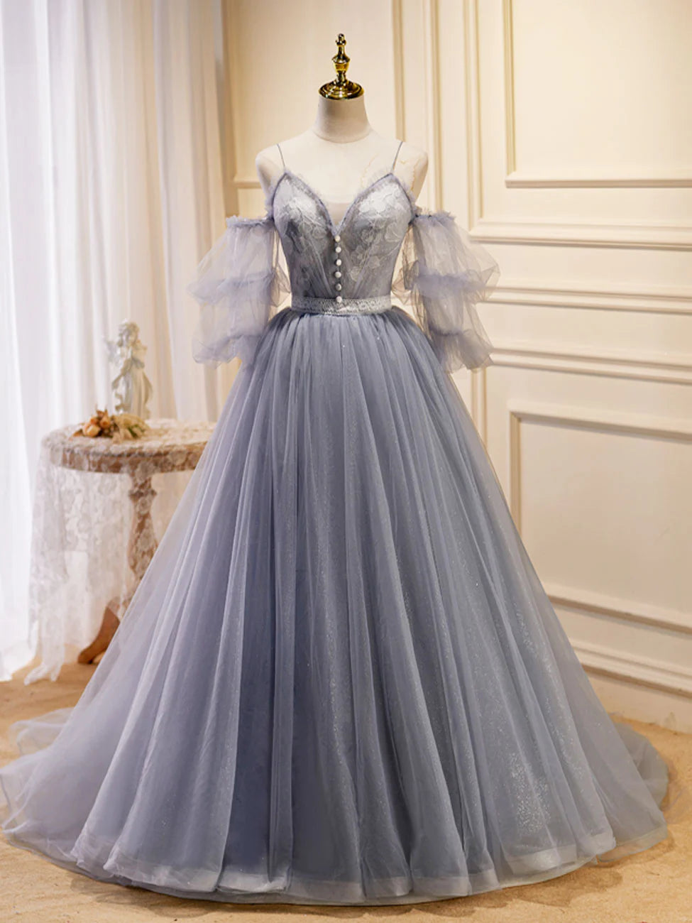 A-Linie V-Ausschnitt Tüll Spitze Grau Blau Langes Ballkleid, Formales Abschlusskleid ED0775