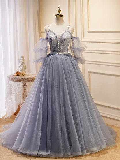 A-Linie V-Ausschnitt Tüll Spitze Grau Blau Langes Ballkleid, Formales Abschlusskleid ED0775