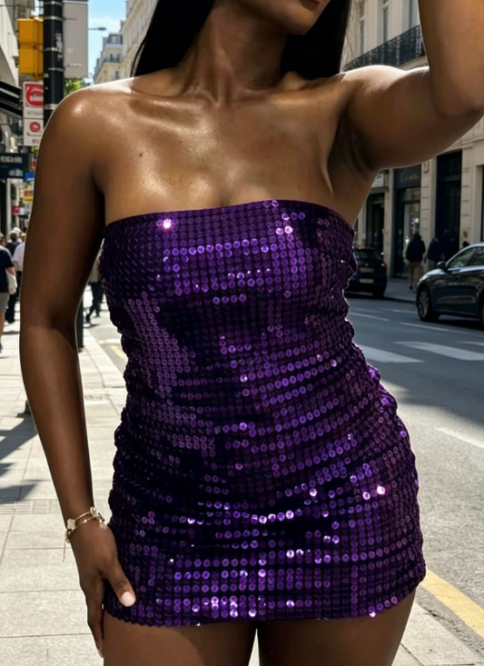 Sexy Bodycon Party Dress Sequins Short Cocktail Dress Purple Homecoming Dress Strapless Sleeveless Birthday Outfit ED07752