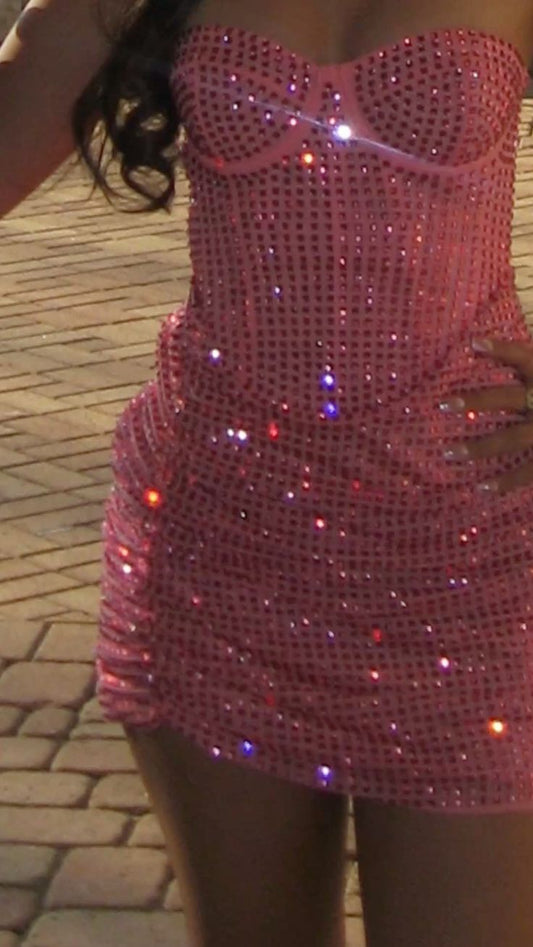 Sexy Bodycon Party Dress Sequins Short Cocktail Dress Pink Homecoming Dress Strapless Sleeveless Birthday Outfit ED07753