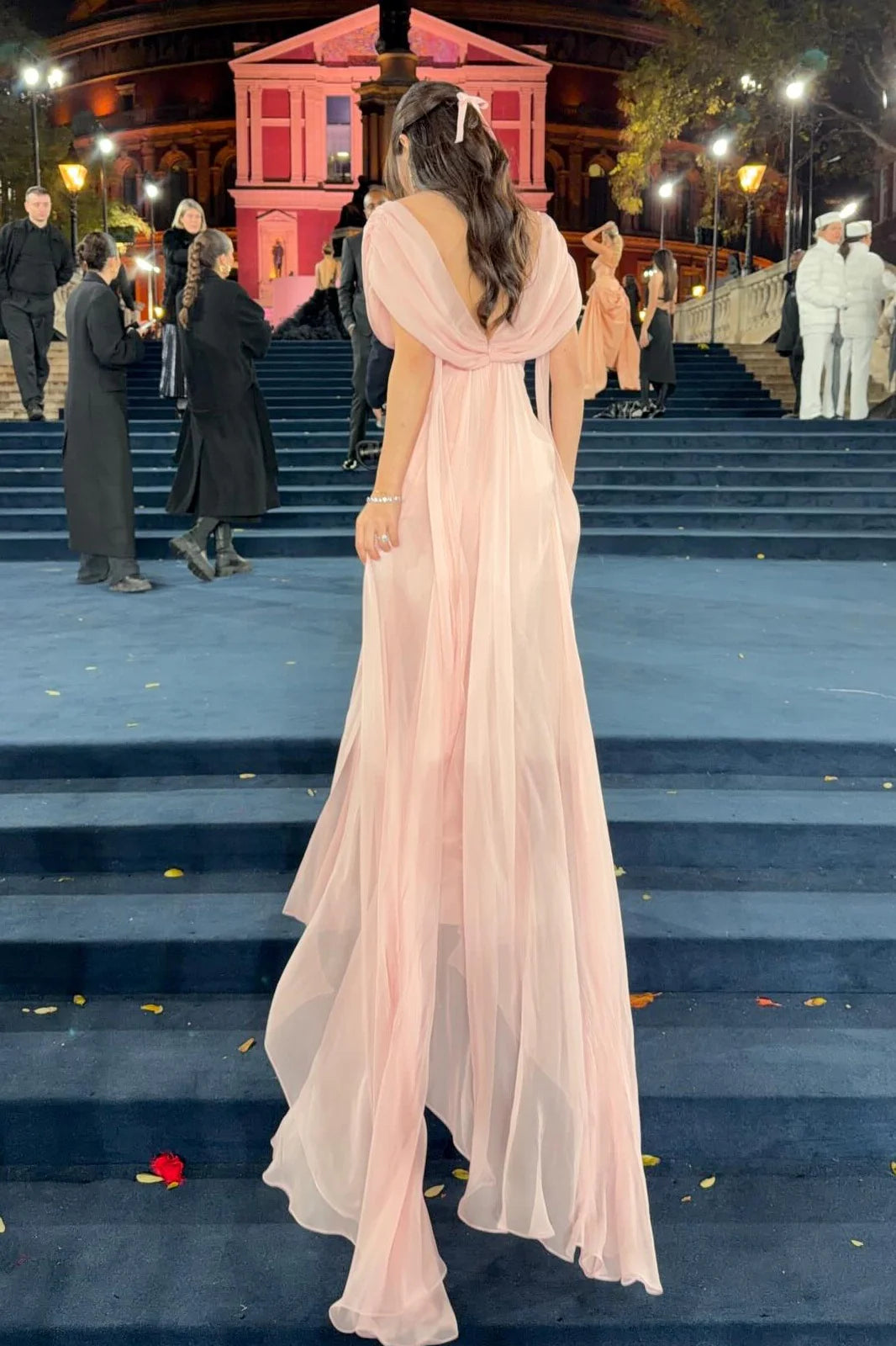 Modisches rosa Ballkleid, V-Ausschnitt, Etui-Schnitt, langes Abendkleid aus Chiffon, Geburtstagskleid ED07759