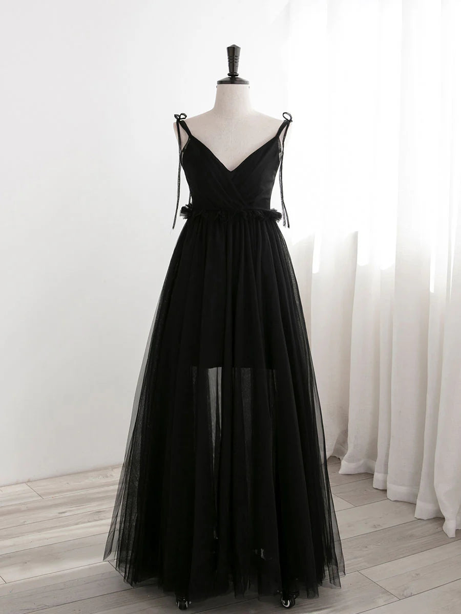 Robe de bal longue trapèze en tulle noir, robe de soirée formelle noire ED0776