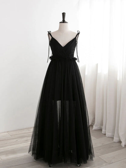 Robe de bal longue trapèze en tulle noir, robe de soirée formelle noire ED0776