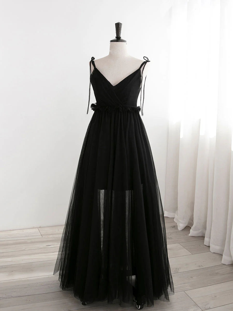 Robe de bal longue trapèze en tulle noir, robe de soirée formelle noire ED0776