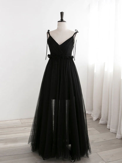 Robe de bal longue trapèze en tulle noir, robe de soirée formelle noire ED0776