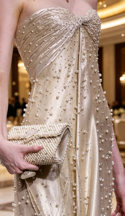 Fashion Champagne Prom Dress Strapless Sheath Long Evening Dress Beaded Chiffon Birthday Dress ED07760