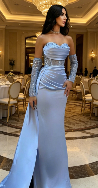 Classy Sweetheart Sheath Satin Long Evening Dress Blue Prom Dress  ED07762