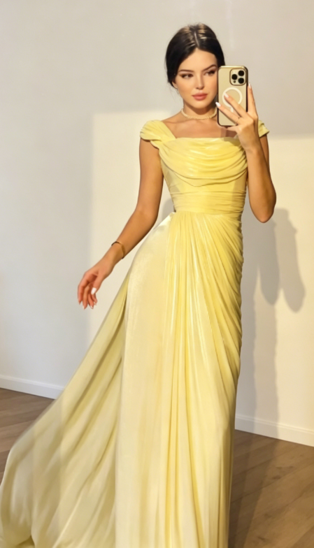 Classy Straps Sheath Chiffon Long Evening Dress Yellow Prom Dress ED07764