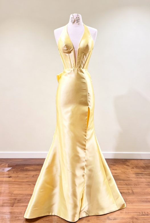 Classy Halter Mermaid Satin Long Evening Dress Yellow Prom Dress  ED07765