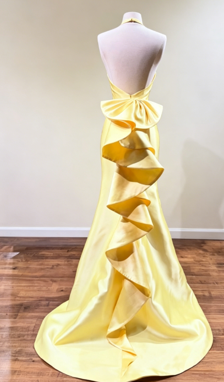 Classy Halter Mermaid Satin Long Evening Dress Yellow Prom Dress  ED07765