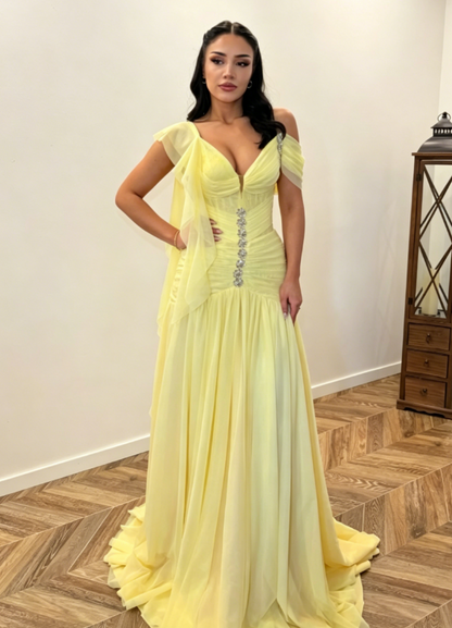 Classy Off-shoulder Sheath Chiffon Long Evening Dress Yellow Wedding Guest Dress ED07766