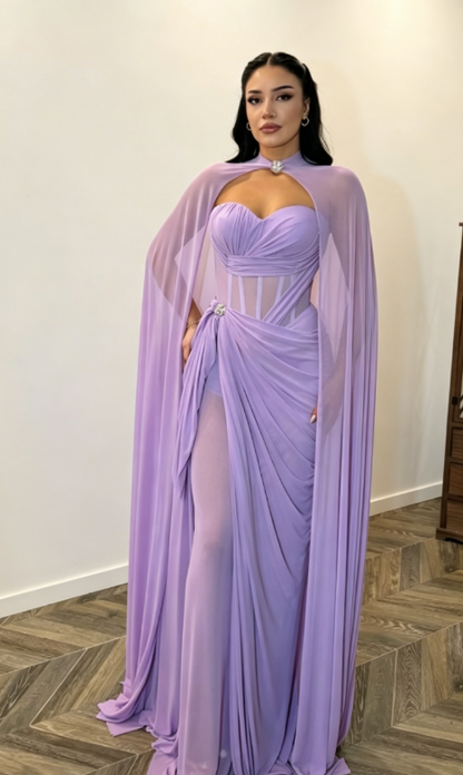Élégante Robe de Soirée Longue en Mousseline de Soie Fourreau Cœur Violette Robe de Bal ED07767