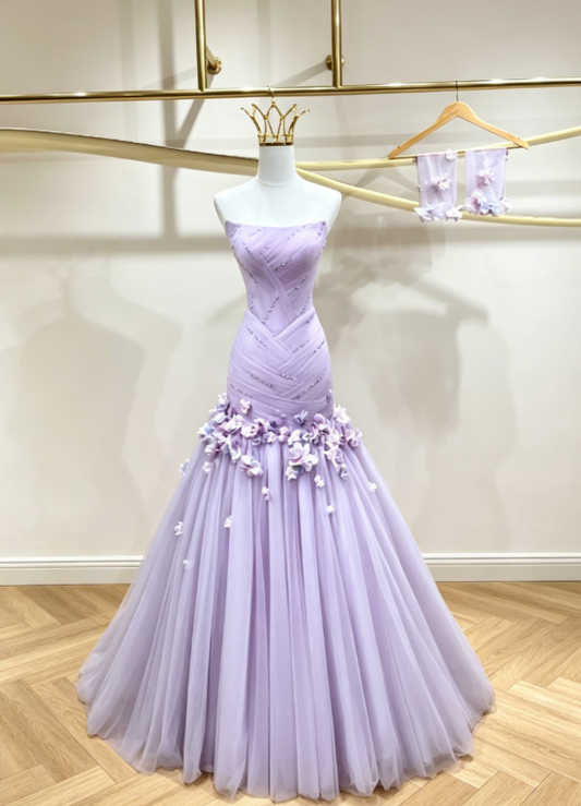 Classy Strapless Mermaid Tulle Long Evening Dress Purple Prom Dress   ED07768