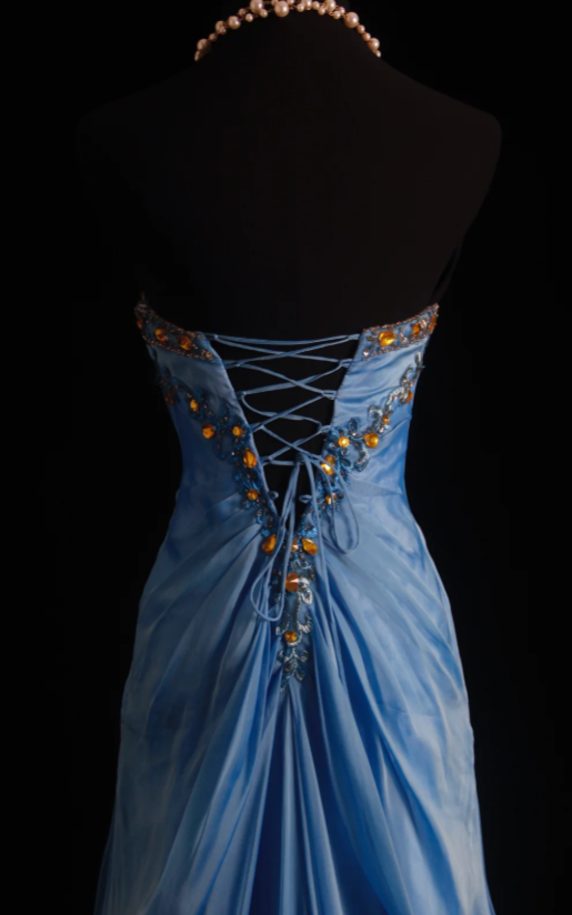 Robe de soirée longue en mousseline de soie bleue coupe fourreau, modèle élégant et chic pour bal de promo ED07769