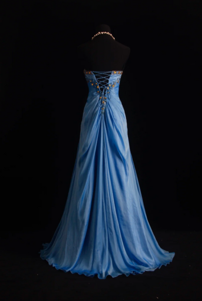 Robe de soirée longue en mousseline de soie bleue coupe fourreau, modèle élégant et chic pour bal de promo ED07769