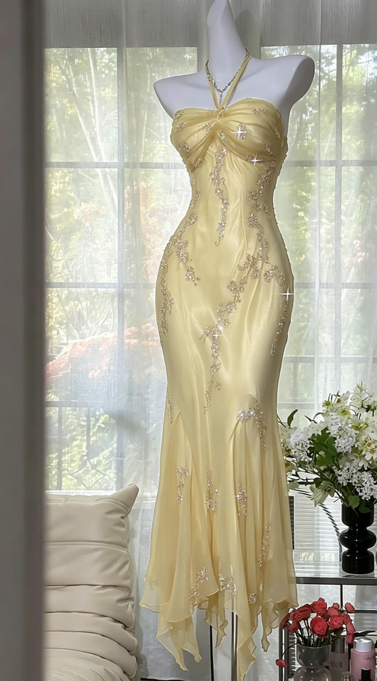 Elegantes Neckholder Meerjungfrau Perlen Chiffon Langes Abendkleid Gelbes Ballkleid ED07771