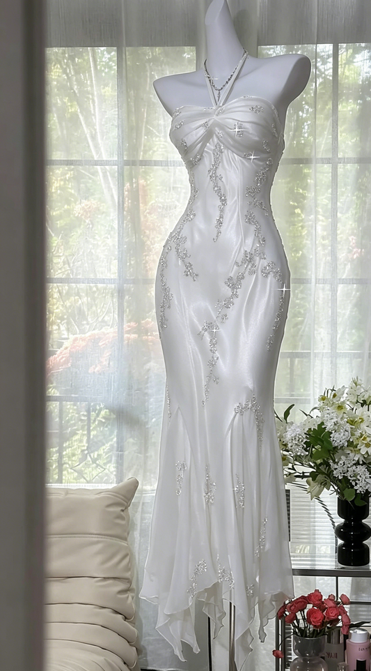 Elegantes Neckholder Meerjungfrau Perlen Chiffon Langes Abendkleid Gelbes Ballkleid ED07771