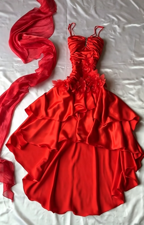 Chic Red Wedding Guest Dress Spaghetti Straps A-Line Satin Long Evening Dress ED07774