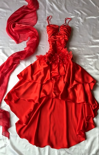 Chic Red Wedding Guest Dress Spaghetti Straps A-Line Satin Long Evening Dress ED07774