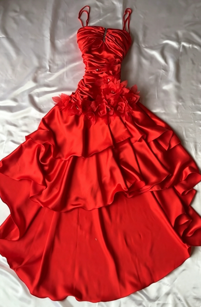 Chic Red Wedding Guest Dress Spaghetti Straps A-Line Satin Long Evening Dress ED07774