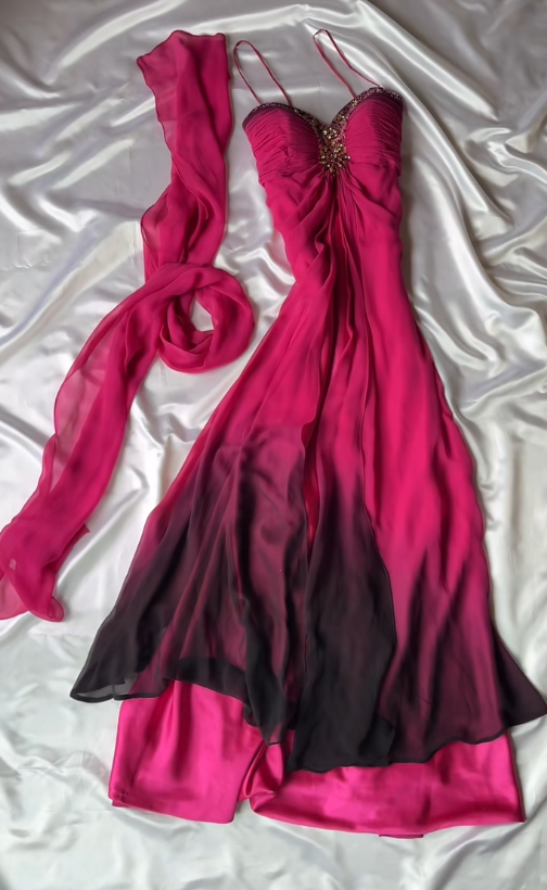 Chic Hot Pink Wedding Guest Dress Spaghetti Straps Sheath Chiffon Long Evening Dress ED07775