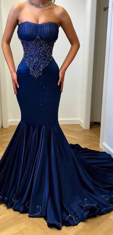 Chic Navy Blue Wedding Guest Dress Strapless Mermaid Satin Long Evening Dress ED07776
