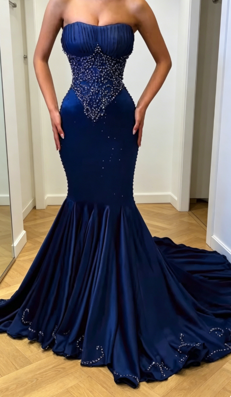 Chic Navy Blue Wedding Guest Dress Strapless Mermaid Satin Long Evening Dress ED07776