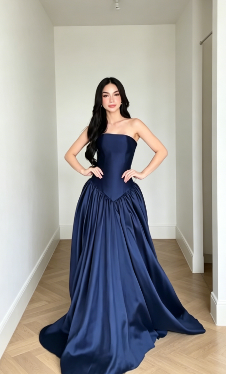 Chic Navy Blue Prom Dress Strapless A-Line Satin Long Evening Dress ED07777
