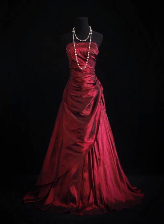 Strapless Formal Dress Sheath Satin Long Evening Dress Gorgeous Burgundy Prom Dress ED07779