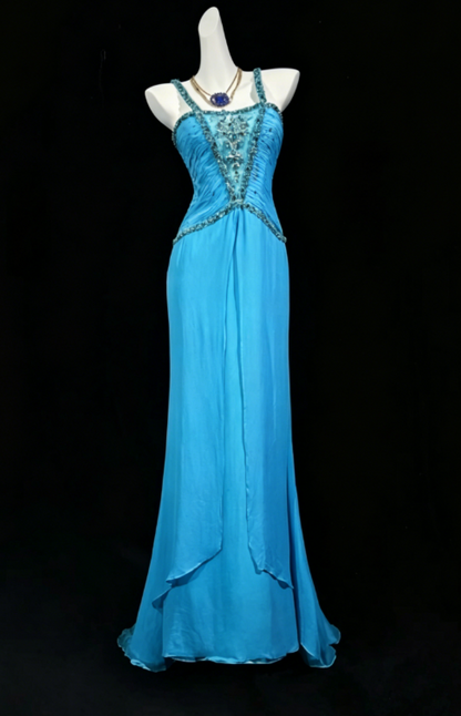 Superbe Robe de Soirée Longue en Chiffon Fourreau Bleu à Bretelles pour Invitée de Mariage ED07781