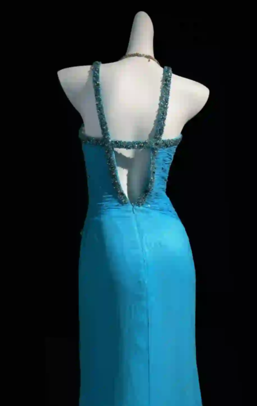Superbe Robe de Soirée Longue en Chiffon Fourreau Bleu à Bretelles pour Invitée de Mariage ED07781