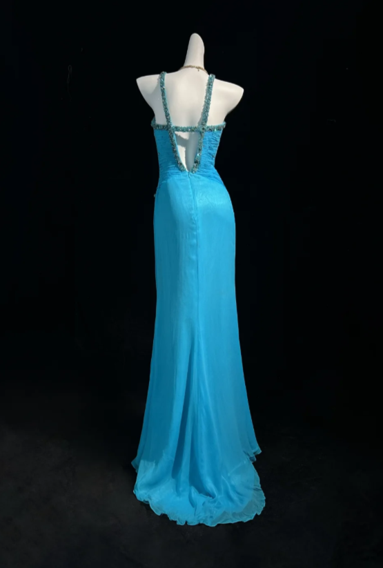 Superbe Robe de Soirée Longue en Chiffon Fourreau Bleu à Bretelles pour Invitée de Mariage ED07781