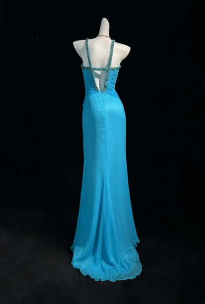 Superbe Robe de Soirée Longue en Chiffon Fourreau Bleu à Bretelles pour Invitée de Mariage ED07781