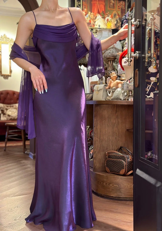 Gorgeous Purple Bridesmaid Dress Spaghetti Straps Sheath Satin Long Evening Dress  ED07782