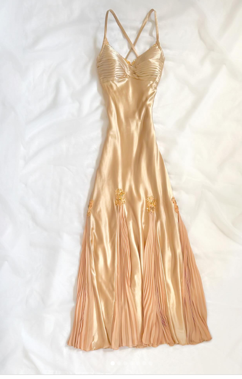 Chic Spaghetti Straps Sheath Satin Long Evening Dress Champagne Prom Dress ED07783