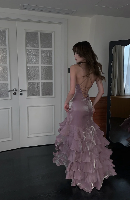 Chic Spaghetti Straps Sheath Satin Long Evening Dress Dusty Pink Prom Dress ED07784