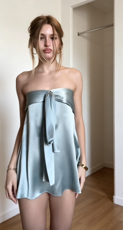 Chic Strapless Birthday Sheath Satin Vacation Dress Dusty Blue Short Prom Dress ED07786