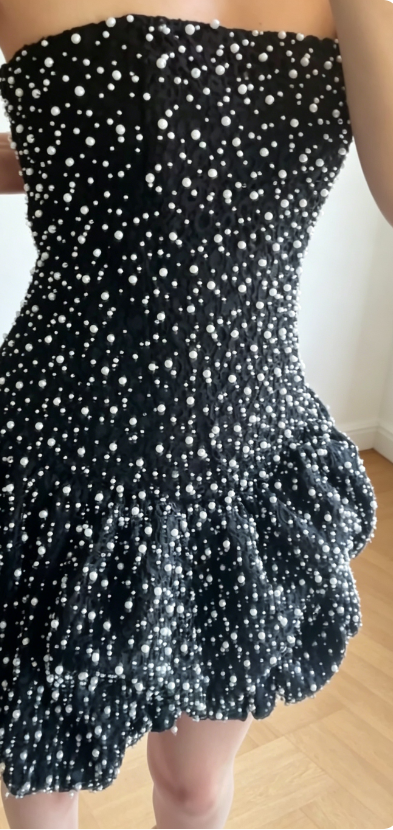 Gorgeous Strapless Birthday Dress A-Line Satin Beaded Vacation Dress Black Short Prom Dress ED07787