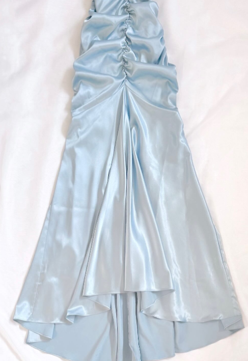 Robe de soirée sirène simple en satin bleu glacier à bretelles ED07788