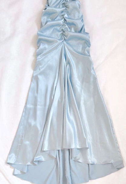 Robe de soirée sirène simple en satin bleu glacier à bretelles ED07788