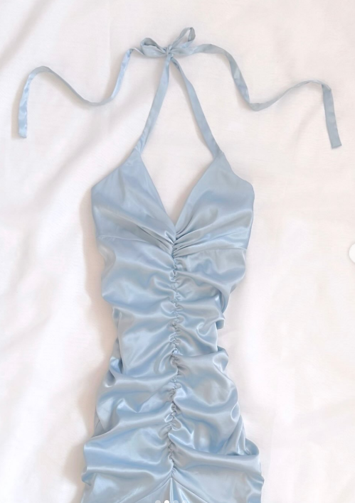 Simple Halter Birthday Dress Sheath Satin Vacation Dress Ice Blue Prom Dress ED07788