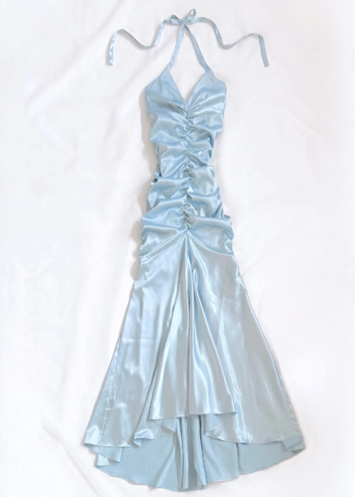 Simple Halter Birthday Dress Sheath Satin Vacation Dress Ice Blue Prom Dress ED07788