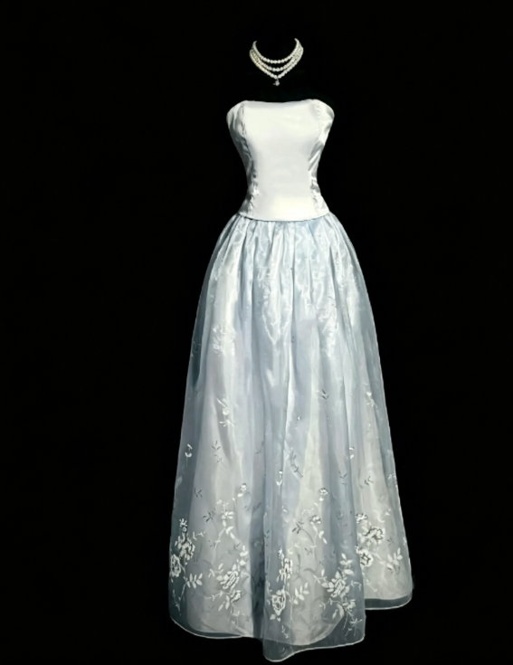 Chic Strapless A-Line Satin Long Evening Dress Ice Blue Prom Dress ED07792