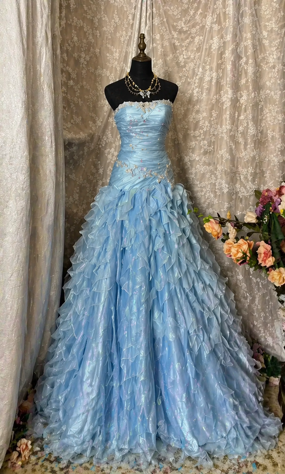 Élégante Robe de Soirée Longue en Tulle sans Bretelles Coupe Trapèze Bleue pour Bal de Promo ED07795